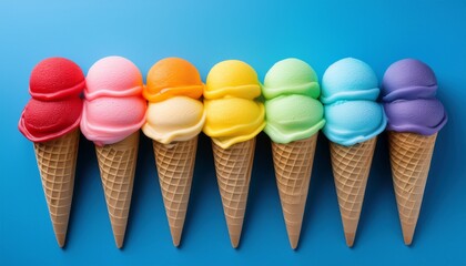 neatly aligned ice cream cones in vivid rainbow colors on a blue background creating a vibrant and cheerful summer treat scene