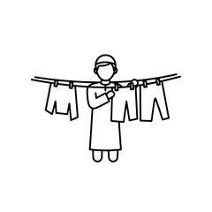 Person hanging laundry on a clothesline in a simple and minimal style