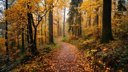 Fototapeta premium Golden autumn leaves covering a peaceful forest path, perfect for scenic nature walks