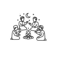 People gathered around a campfire engaging in conversation under the moonlight