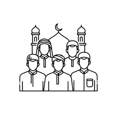 Muslim community celebrating with mosque in the background during a festival