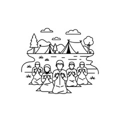 People meditating by a lake with trees and mountains in the background
