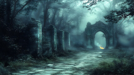 Misty path leads through archway in spooky forest with fire