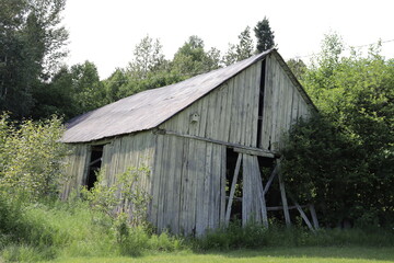 Old farm house in wood and abandoned. Ancient barn in a field and in a rural country. Abandoned...