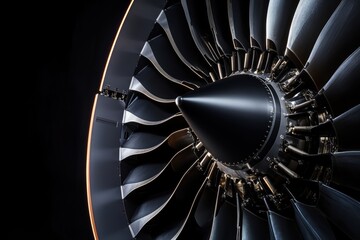 Close up of a jet engine with visible blades and a dark background in a studio setting shot
