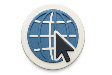3d rendering of a mouse cursor clicking a globe icon, representing global connectivity and internet browsing on a transparent background