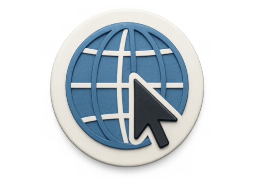 3d rendering of a mouse cursor clicking a globe icon, representing global connectivity and internet browsing on a transparent background