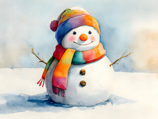 Snowman clipart wearing a colorful scarf and hat in a snowy landscape