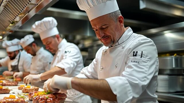 Chefs in white uniforms preparing food in a professional kitchen setting focus on food preparation illuminated by overhead lighting focus on a chef meticulously garnishing a dish
