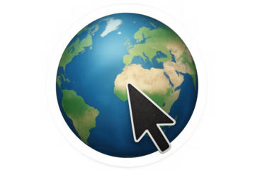 Computer mouse cursor highlighting african continent on spinning transparent world globe, representing digital global connectivity