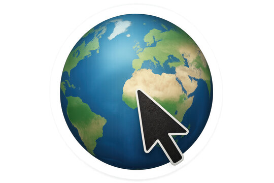 Computer mouse cursor highlighting african continent on spinning transparent world globe, representing digital global connectivity