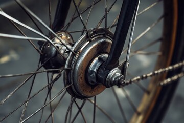 Obraz premium Close up view of a vintage bicycle wheel with spokes and hub assembly in a detailed shot
