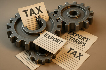 Export tariffs trade. Interlocking gears with papers labeled "TAX," "EXPORT," and "EXPORT TARIFFS" symbolize the complex relationship between taxation and trade regulations.