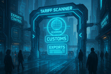 Export tariffs trade. A futuristic customs checkpoint with digital tariff scanners and export control holograms, set in a high-tech urban environment with silhouetted figures.