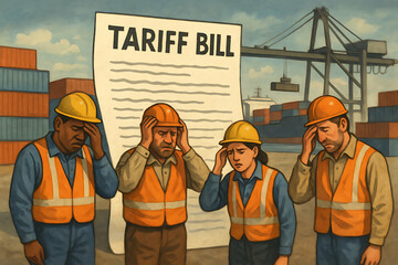 Export tariffs trade. Four distressed dock workers in safety gear stand before a large "Tariff Bill" document at a shipping port with containers and cranes.