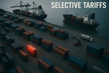 Export tariffs trade. Cargo ships docked at a port with numerous shipping containers, highlighting the concept of selective tariffs in global trade.