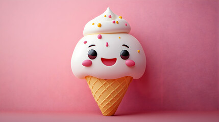 Cute, stylized ice cream cone with a happy face and sprinkles, set against a solid pink background