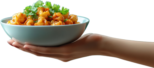 A hand holds a bowl of food garnished with herbs against transparent background