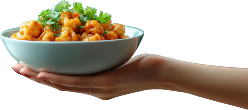 A hand holds a bowl of food garnished with herbs against  transparent background