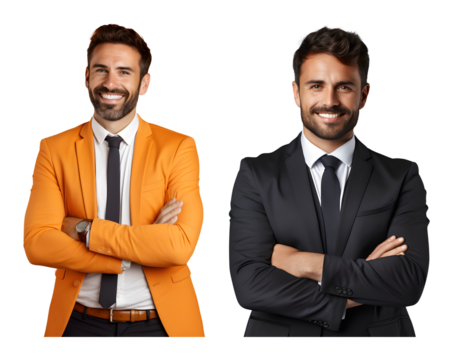 A man in an orange suit and another in a black suit stand side by side against a transparent background