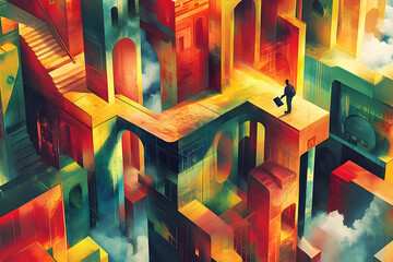 Man standing on vivid, abstract maze structure with ladders, arches, & swirling clouds in a colorful dreamlike setting