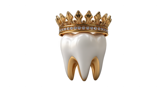A gleaming white tooth adorned with a golden crown encrusted with diamonds, isolated on transparent background