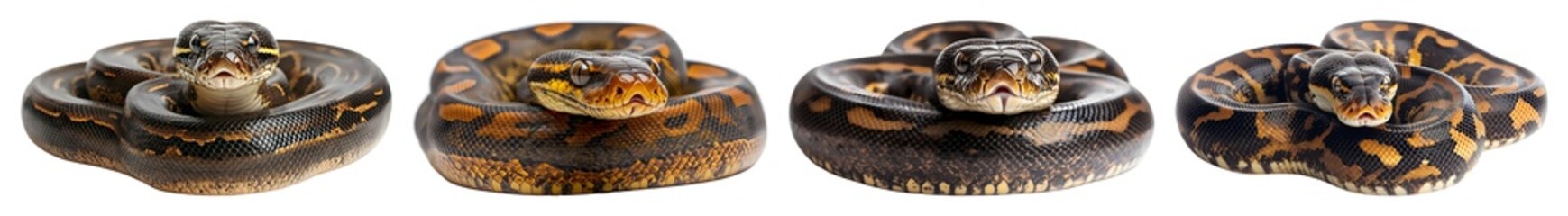 Fototapeta premium Four coiled pythons with dark and orange patterns on transparent background