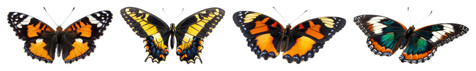 Four colorful butterflies displayed horizontally against a transparent background