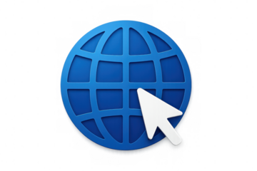 White mouse cursor clicking a blue globe, representing global internet connectivity and browsing, with transparent background