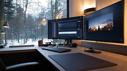 Modern workspace with dual monitors displaying code and landscape against a snowy forest backdrop. Gray desk and keyboard with a clean minimalist aesthetic - Powered by Adobe
