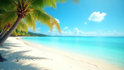 Fototapeta premium A stunning view of a tropical beach with crystal clear turquoise water under a bright blue sky, palm trees add to the allure of the scene