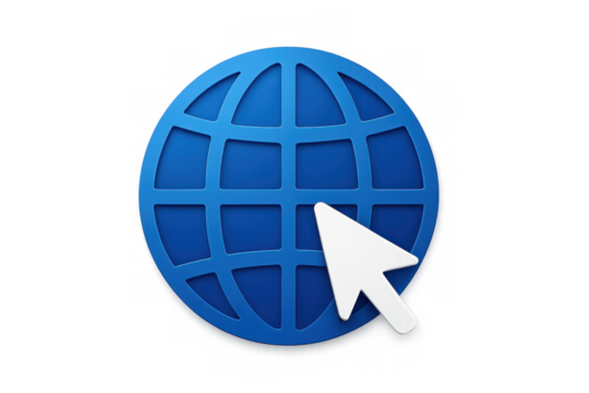 White mouse cursor clicking a blue globe, representing global internet connectivity and browsing, with transparent background