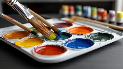Close-up of a paint palette with various colors and paintbrushes arranged on a dark surface creating an artistic still life composition - Powered by Adobe