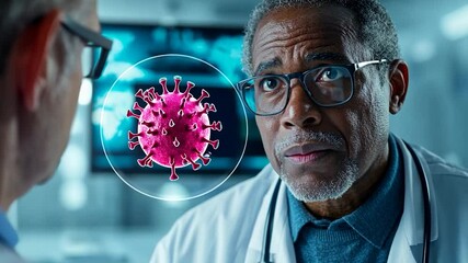 Two doctors looking at a computer screen displaying a viral structure in a lab setting using a hologram, medical concept - Powered by Adobe