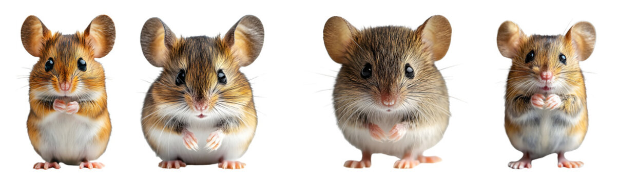Four mice stand on transparent background facing forward