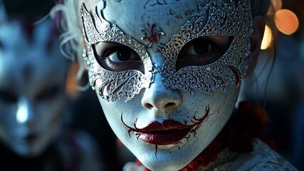 Close-up view of a person wearing an ornate white and silver masquerade mask with red accents set against a blurred background. The person gazes forward creating a mysterious ambiance - Powered by Adobe