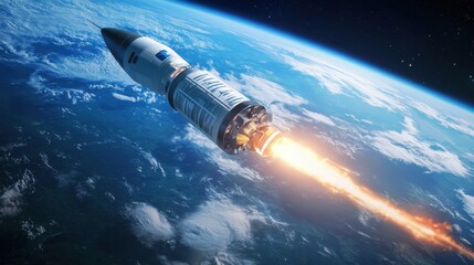 A rocket launching into space with earth in the background and a fiery exhaust plume trailing behind