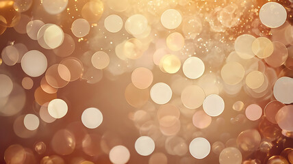 Abstract bokeh background with blurred golden and white circles creating a festive, shimmering effect.