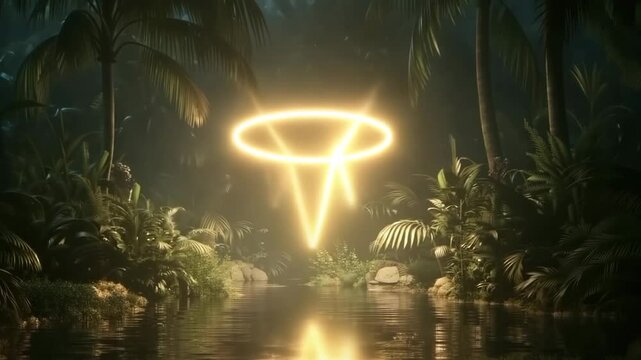 Pulsing Golden Halo in Night Jungle &ndash; Ultra HD 8K Cinematic Render with Tropical Foliage, Fog, and Rhythmic Glow Over Water Reflection