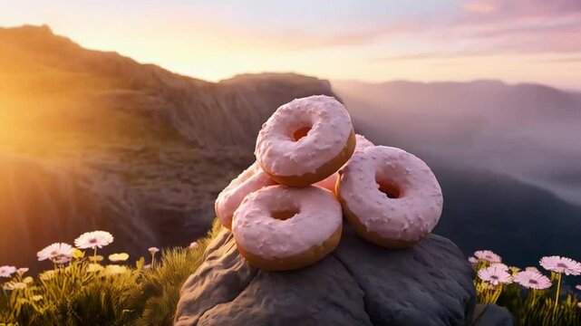 Stack Of Pink Frosted Donuts Placed On Mountain Rock Surrounded By Wildflowers With Scenic Sunrise View In Natural Landscape

