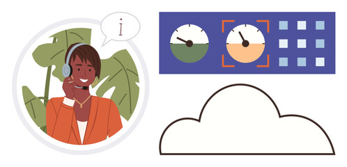 Customer service agent smiling with headset and info bubble. Dashboard with dials and data grid. Cloud outline at the bottom. Ideal for support, analytics, cloud service, communication, technology