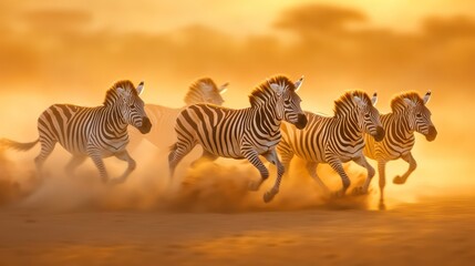 Zebras racing across the sunlit savanna, dust rising in a burst of natural energy.