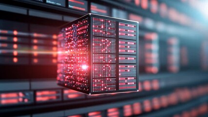 A futuristic data server cube hovering in a server room with blurred background and bright light effects creating a dynamic tech atmosphere. Dominant colors are red and gray - Powered by Adobe