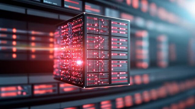 A futuristic data server cube hovering in a server room with blurred background and bright light effects creating a dynamic tech atmosphere. Dominant colors are red and gray
