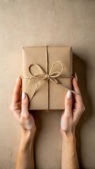 Hands tying a rustic brown paper gift box with twine