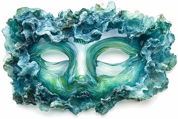 Intricate mask made of textured turquoise and teal glass, resembling coral or sea foam on a white background