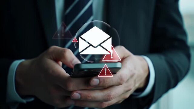 Businessman in Black Suit Holding a Smartphone Displaying Email Alert Icon With Red Exclamation Points Against a Blurred Office Background