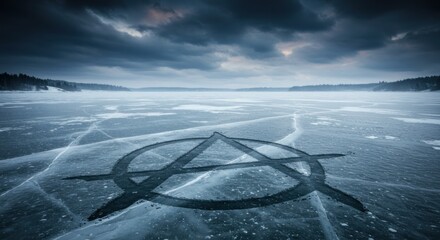 Frozen lake canvas displaying symbol of chaos and defiance beneath a clouded horizon