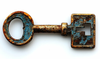 Weathered, ornate key with blue and gold rust, isolated against white