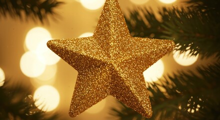 Golden glitter star shining bright amidst the blurry lights on a christmas fir tree branches